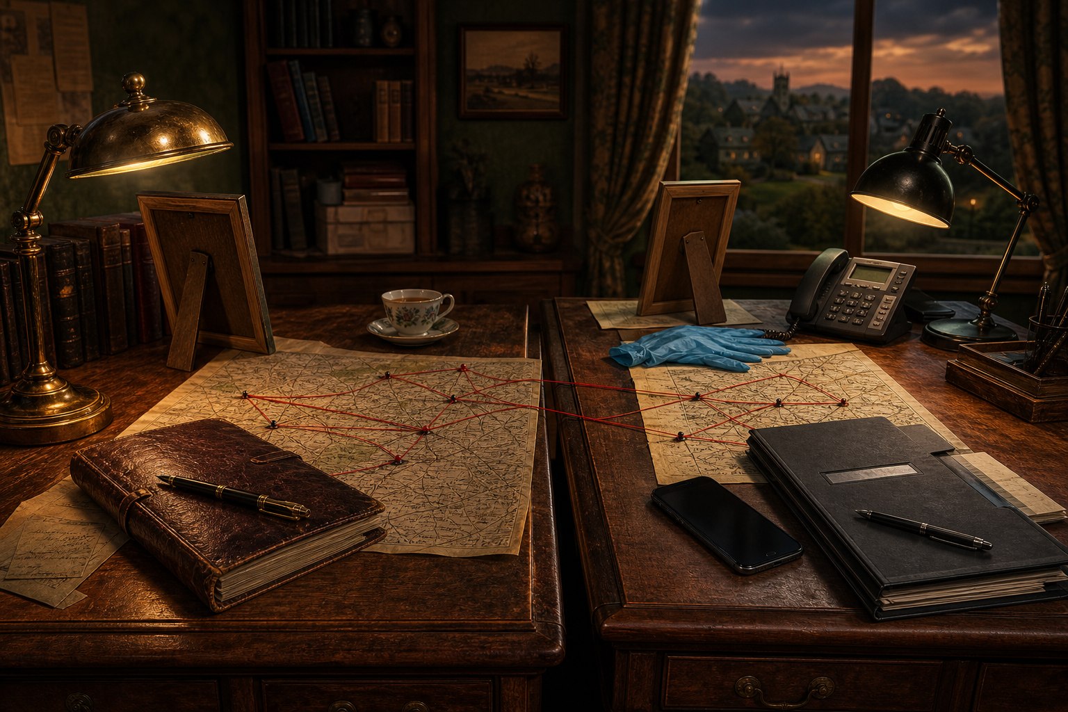 Original symbolic fan illustration of two generations of detective desks connected across village maps