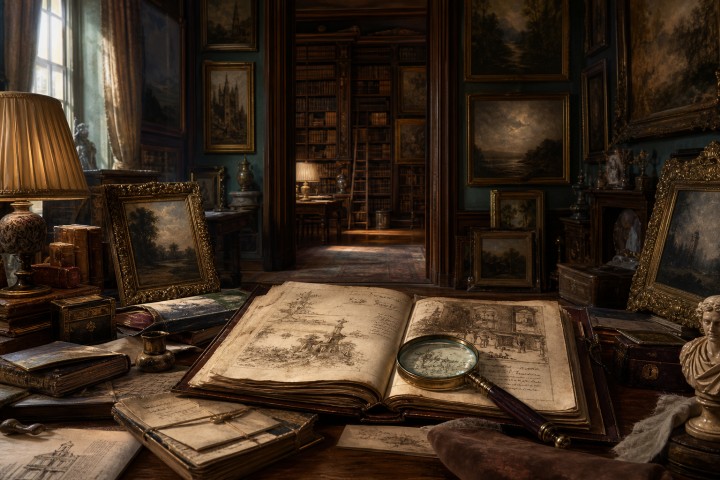 Original fan art of a country-house library, manuscripts and paintings