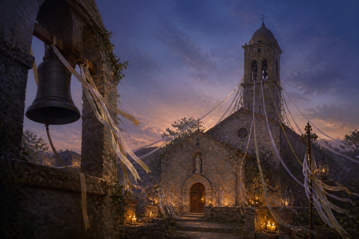Original fan art of a ribbon-decorated stone church at twilight