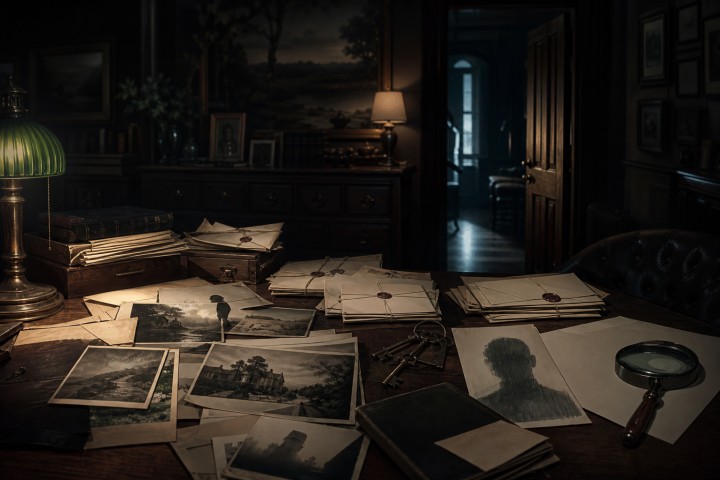 Original fan art of sealed letters and evidence in a dark study