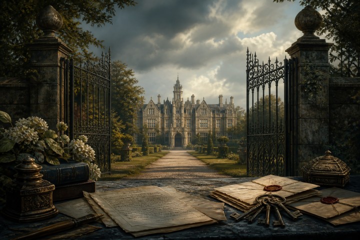 Original fan art of a mysterious country estate, keys and old documents