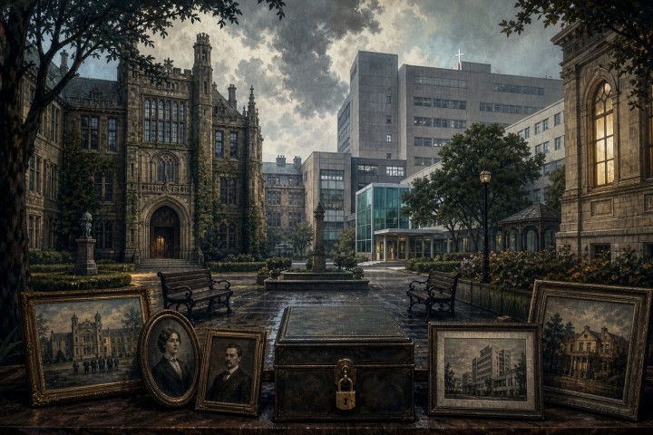 Original fan art of old and modern institutions around a locked archive