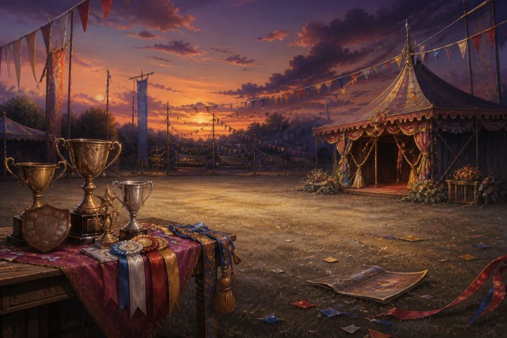 Original fan art of an empty village festival ground at dusk