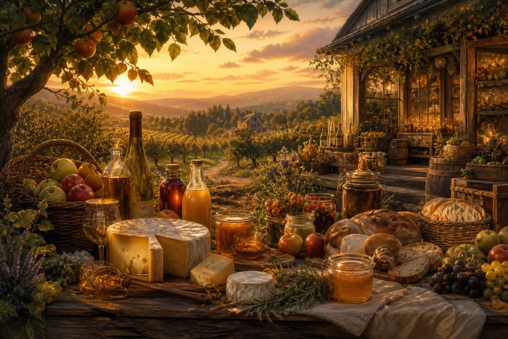 Original fan art of an orchard farm shop and rural produce