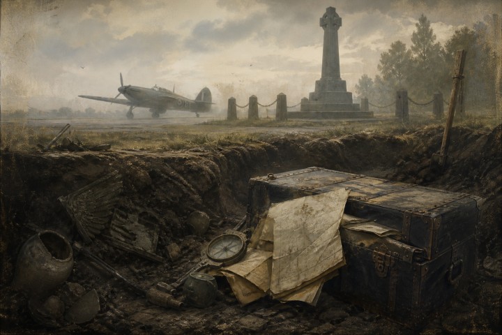 Original fan art of an archaeological discovery beside an old airfield memorial