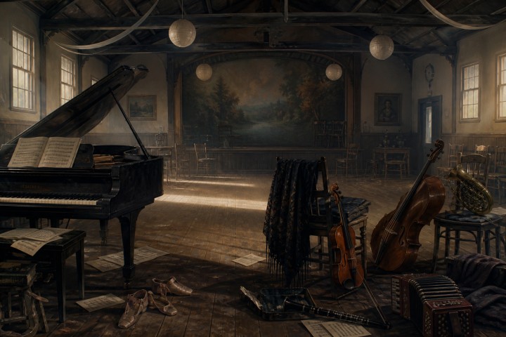 Original fan art of a village hall after a musical rehearsal