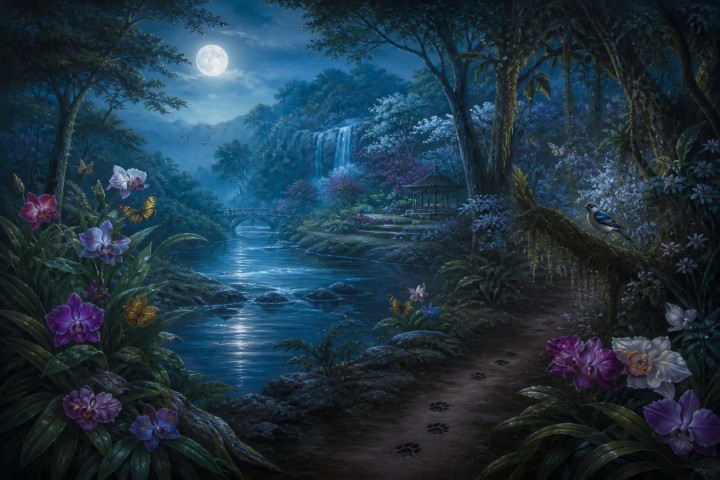 Original fan art of a moonlit woodland river and rare flowers