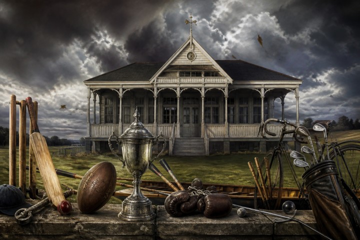 Original fan art of an English sports pavilion and trophy