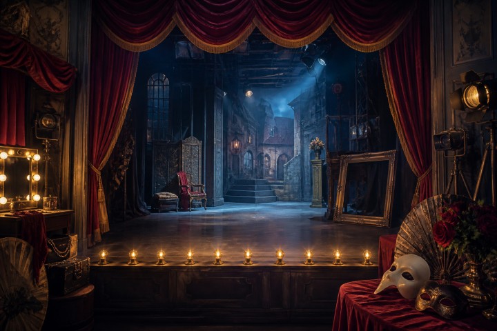 Original fan art of an atmospheric empty village theatre