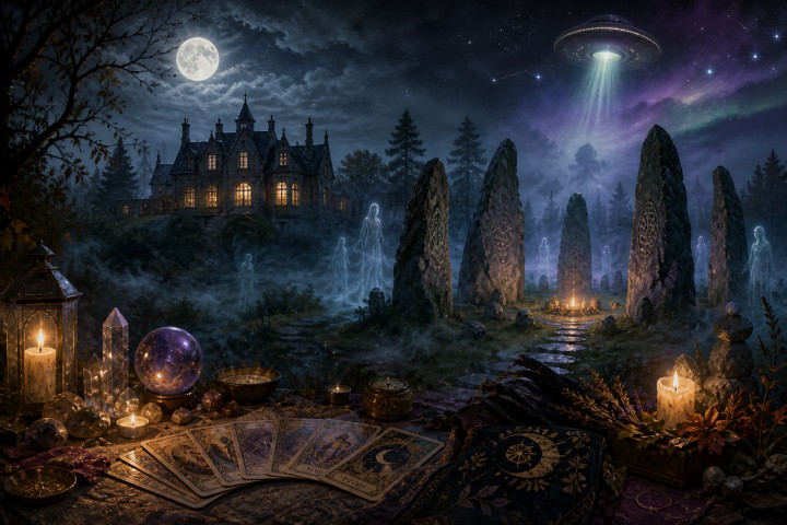 Original fan art of a moonlit stone circle, manor and strange light