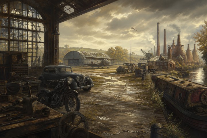 Original fan art of a rural airfield, workshop, canal and vintage vehicles