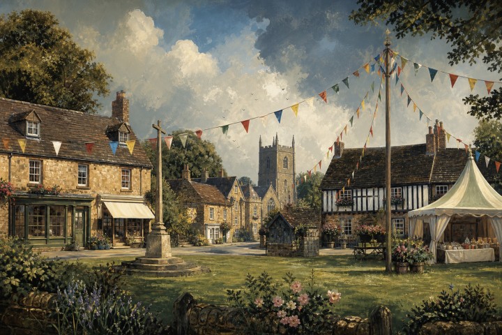 Original fan art of an English village green prepared for a fête