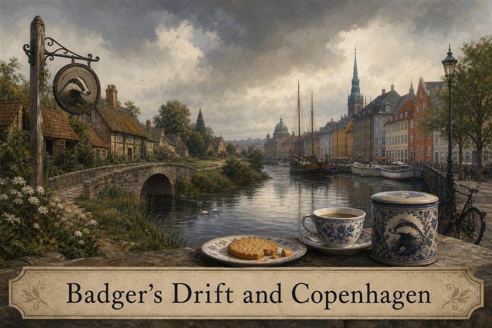 AI-generated fictional impression of Badger's Drift and Copenhagen, created from the setting's story premise and themes