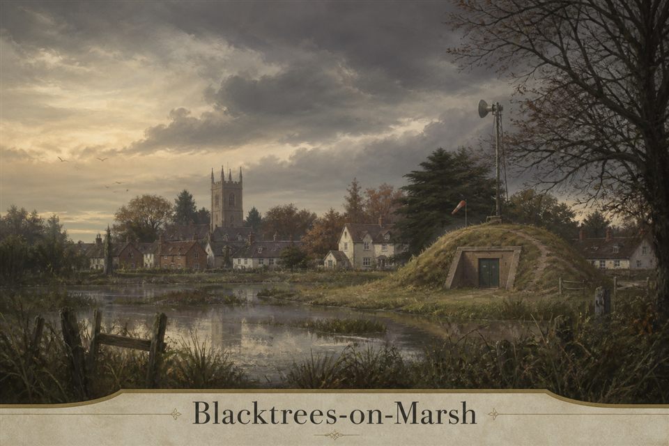 AI-generated fictional impression of Blacktrees-on-Marsh, created from the setting's story premise and themes