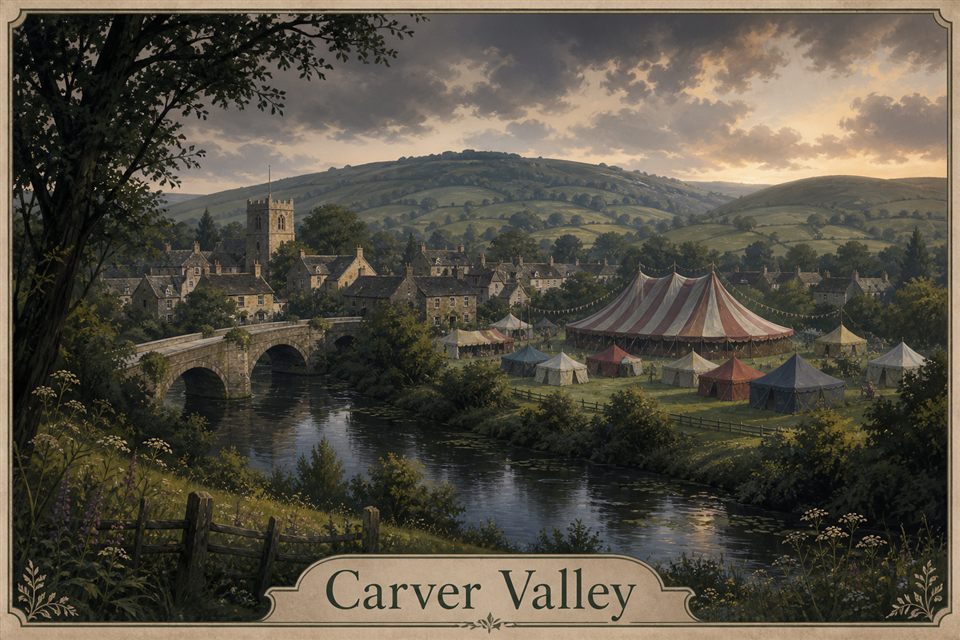 AI-generated fictional impression of Carver Valley, created from the setting's story premise and themes