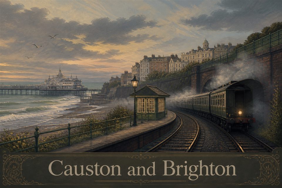 AI-generated fictional impression of Causton and Brighton, created from the setting's story premise and themes