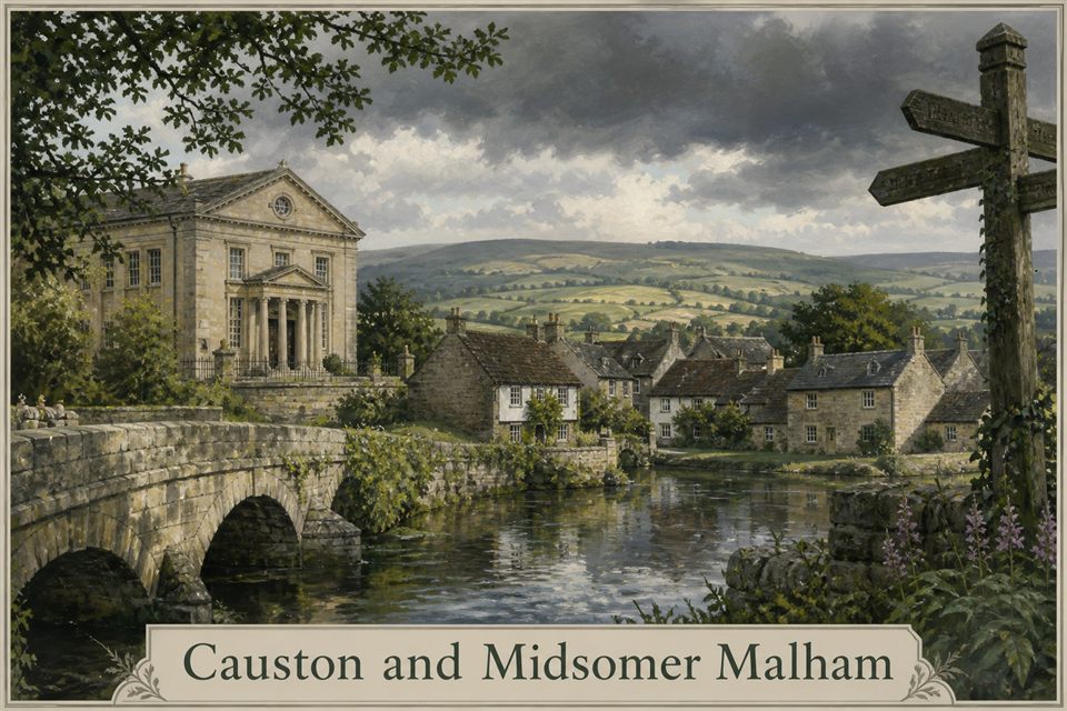 AI-generated fictional impression of Causton and Midsomer Malham, created from the setting's story premise and themes