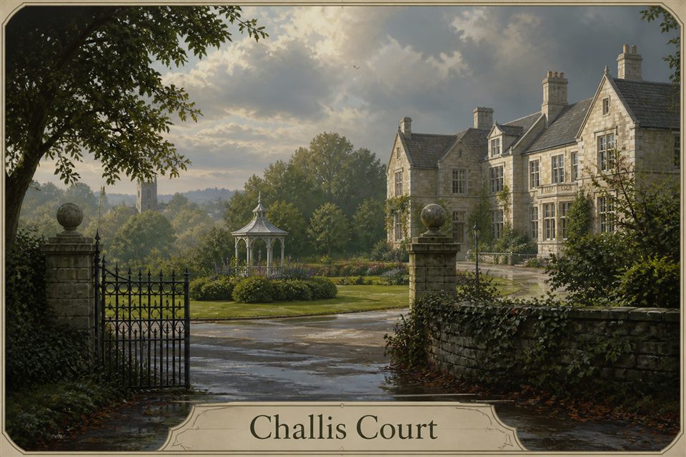 AI-generated fictional impression of Challis Court, created from the setting's story premise and themes