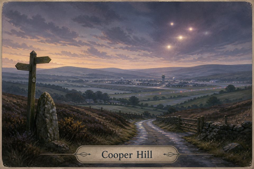 AI-generated fictional impression of Cooper Hill, created from the setting's story premise and themes