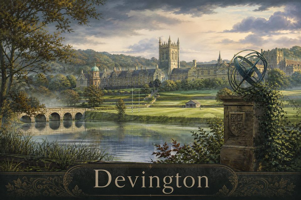 AI-generated fictional impression of Devington, created from the setting's story premise and themes