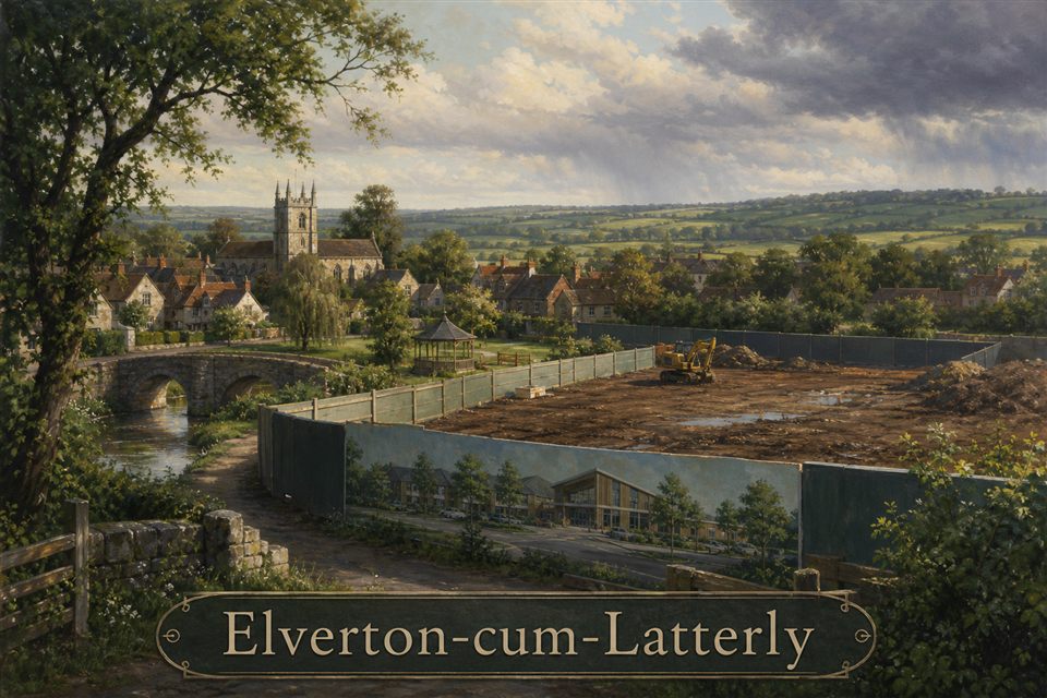 AI-generated fictional impression of Elverton-cum-Latterly, created from the setting's story premise and themes