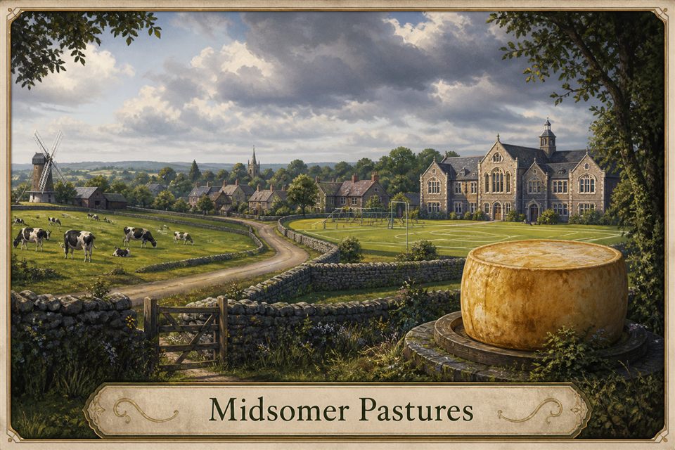 AI-generated story interpretation of the fictional setting Midsomer Pastures