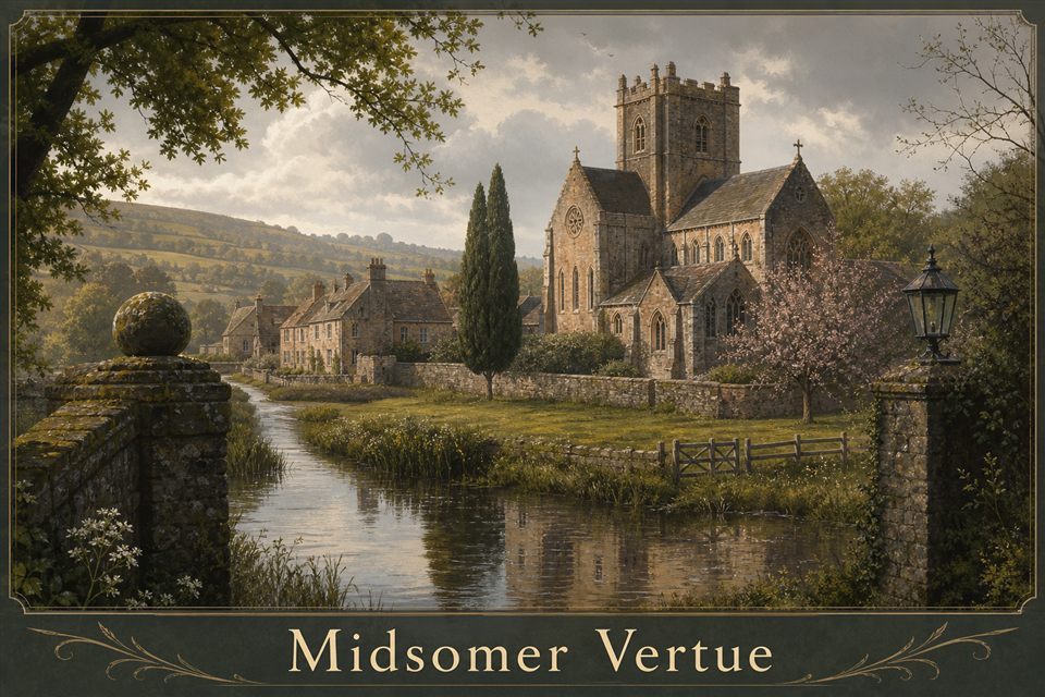 AI-generated story interpretation of the fictional setting Midsomer Vertue