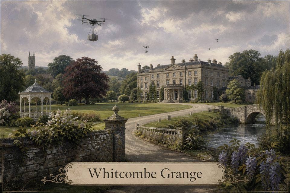 AI-generated story interpretation of the fictional setting Whitcombe Grange